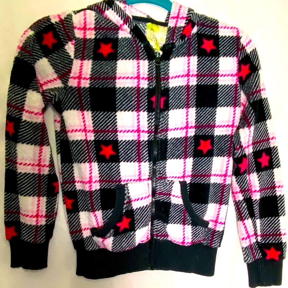 LIVE TO BE SPOILED Hoodie Jacket Zip Up Black Red Plaid & Red Stars Girls SZ M